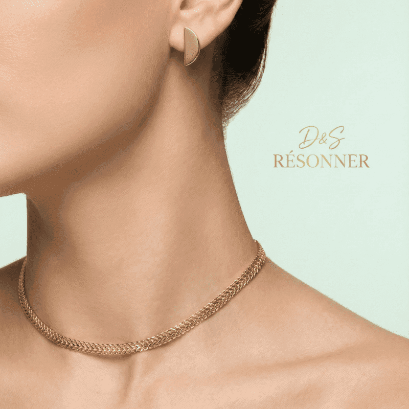 conjunto colar malha trabalhada e brinco meia lua liso