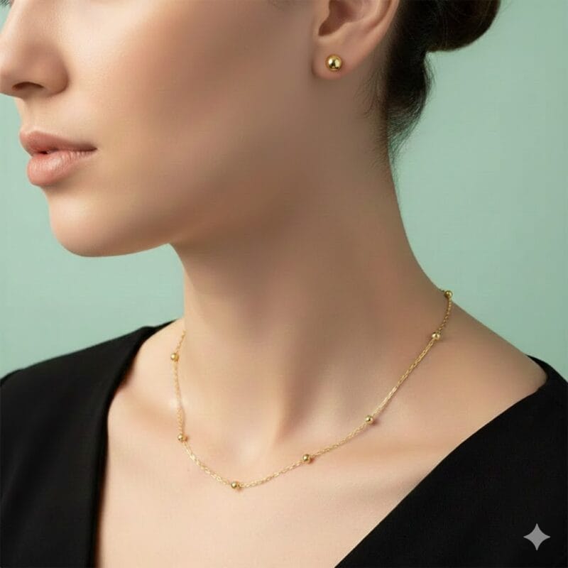 conj colar bolinha dourado + brincos bolinha dourado